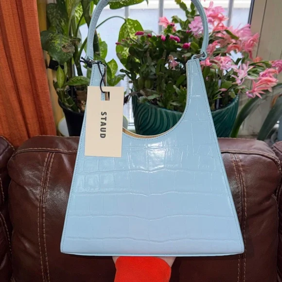 🔥🔥🔥NEW Staud Rey Blue Croc Embossed Leather Shoulder Bag - Picture 7 of 13